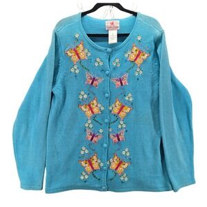Quacker Factory Womens XL Turquoise Blue Butterfly Embroidered Cardigan Sweater